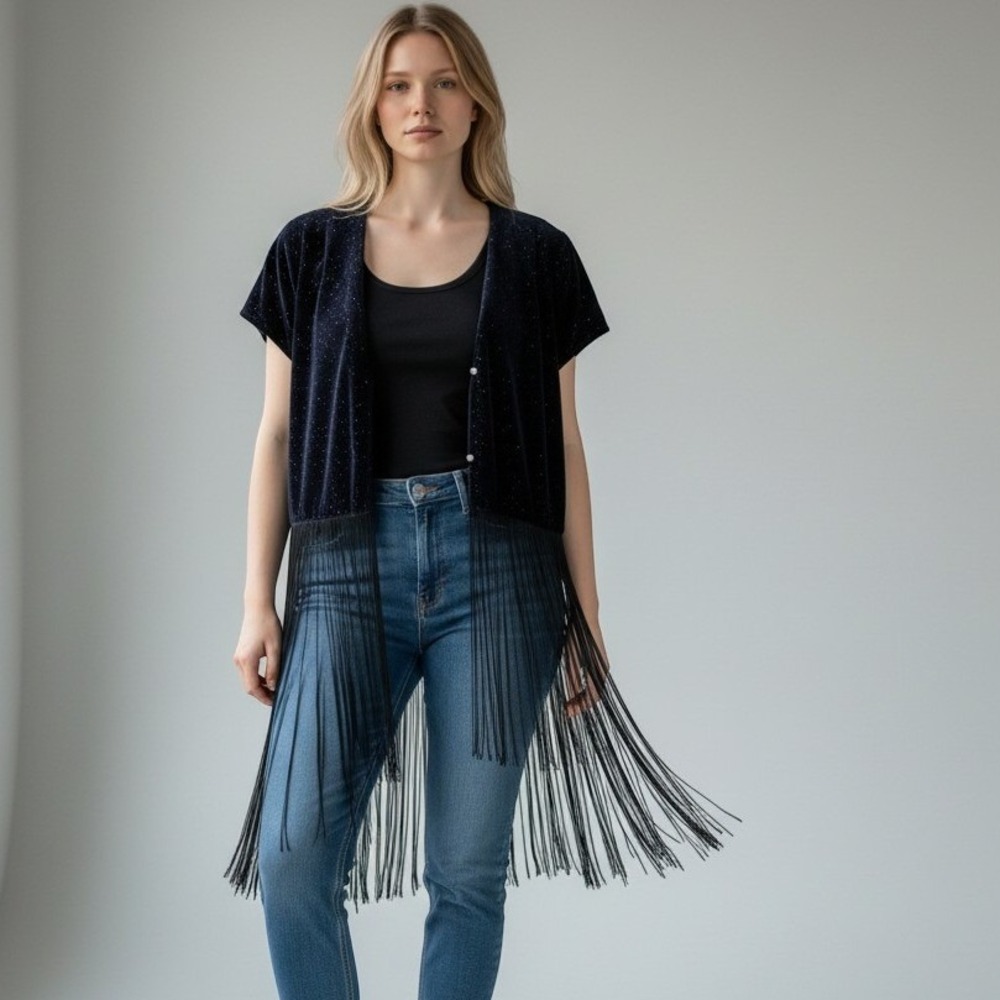 Zara Basic Navy Quilted Velvet Glitter Fringe Crop Top Lg Modern Boho Flirty